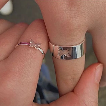 Riolio Valentines Day Gift Silver Color Butterfly Rings For Women Men Lover Couple Ring Set Friendship Engagement Wedding Band Open Ring Trend Jewelry
